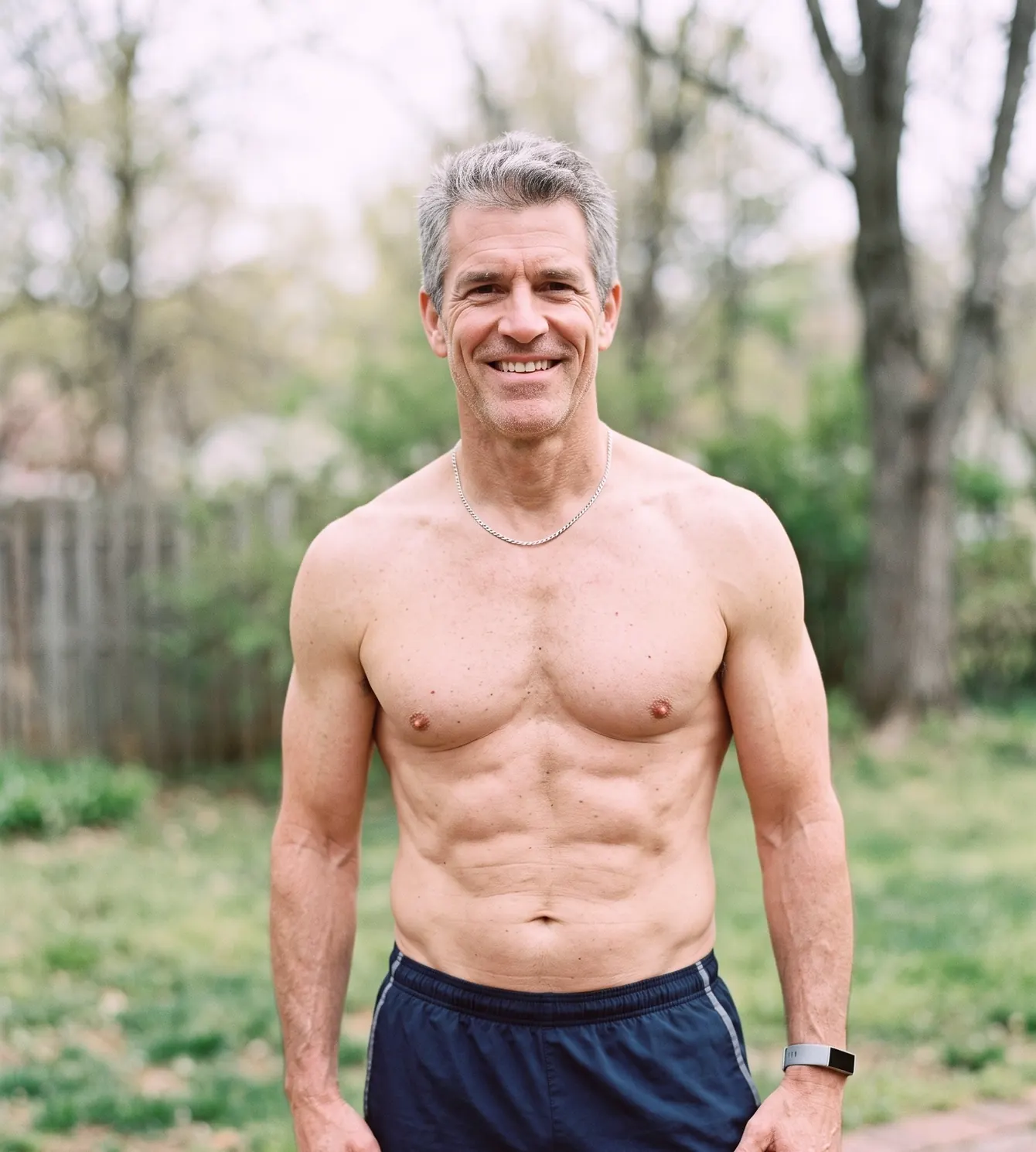 Man in his fifties standing in a spring garden