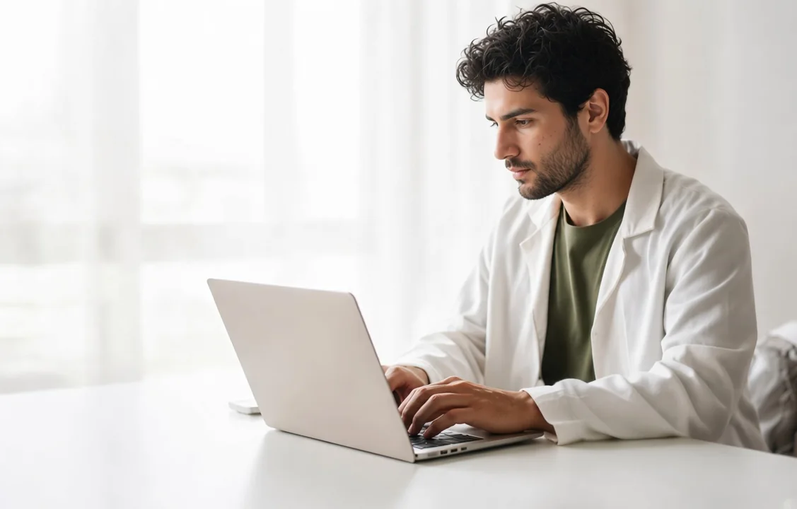 Clinician reviewing an intake on a laptop